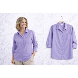New Chicos No Iron Shirt Top Size Large Lilac Purple 3/4 Sleeve